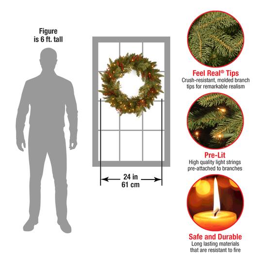 24" Feel Real® Classical Collection Wreath with Red Berries, Cedar Leaves & Warm White LED Lights
